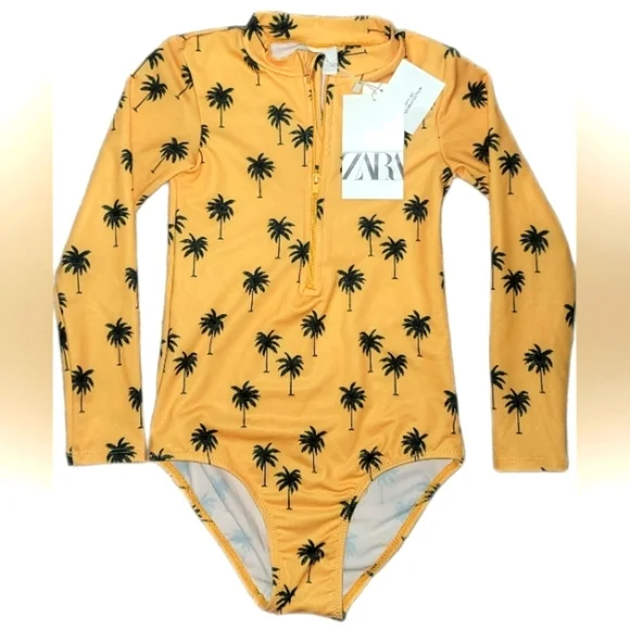 ZARA Girls UPF 50 Yellow BLK Swimsuit Bathing Suit SIZE 6/7 - Picture 1 of 5